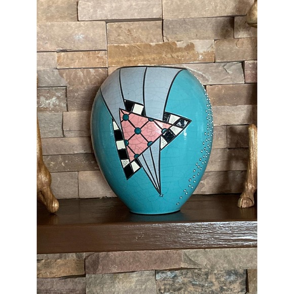 Andy Smith Raku Crackled Glaze Geometric Design Vase Art Deco Style Pottery - Picture 2 of 7